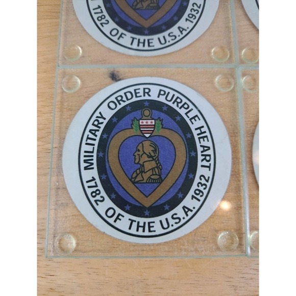 Military Purple Heart emblem set of 4 hand crafted glass circle cup coasters - Picture 2 of 4
